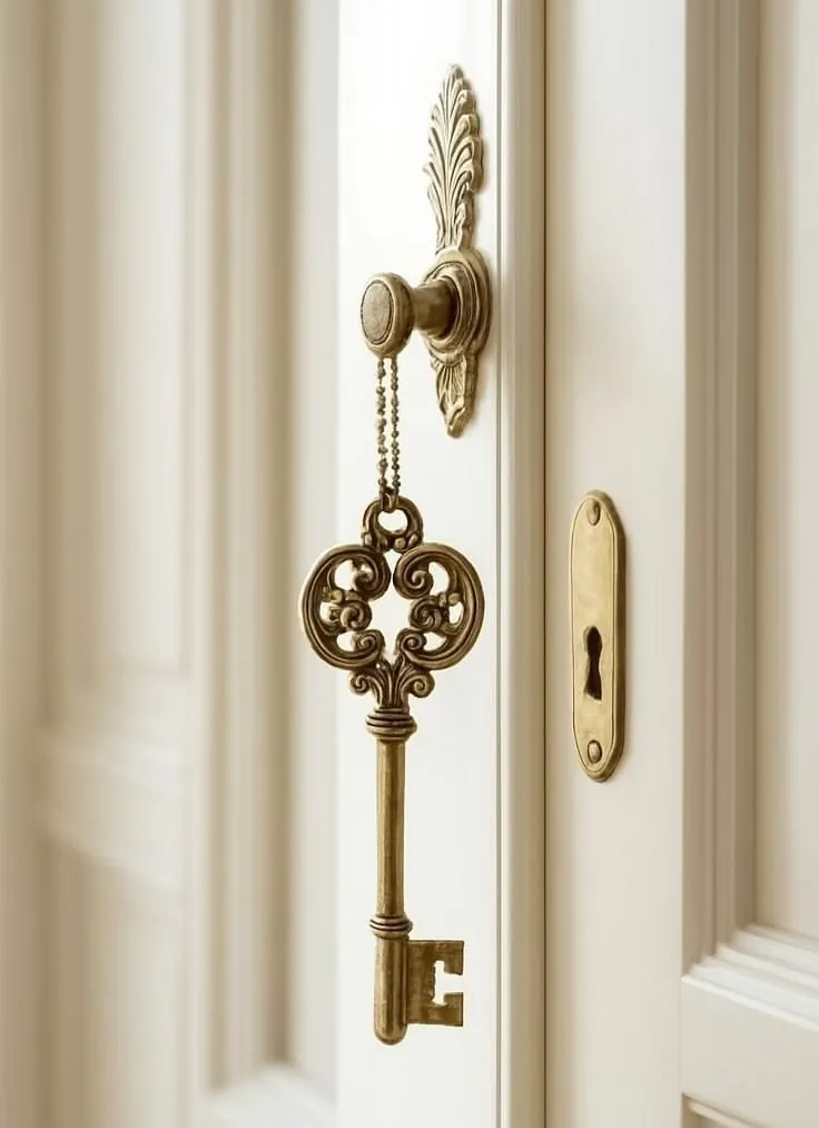 Clé ancienne en laiton sur une porte