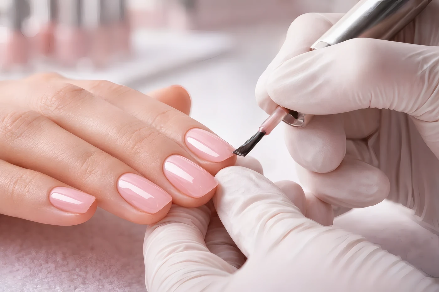 Pose de vernis gel rose au pinceau, formation Manucure parfaite à L'INSTITUT K Nancy